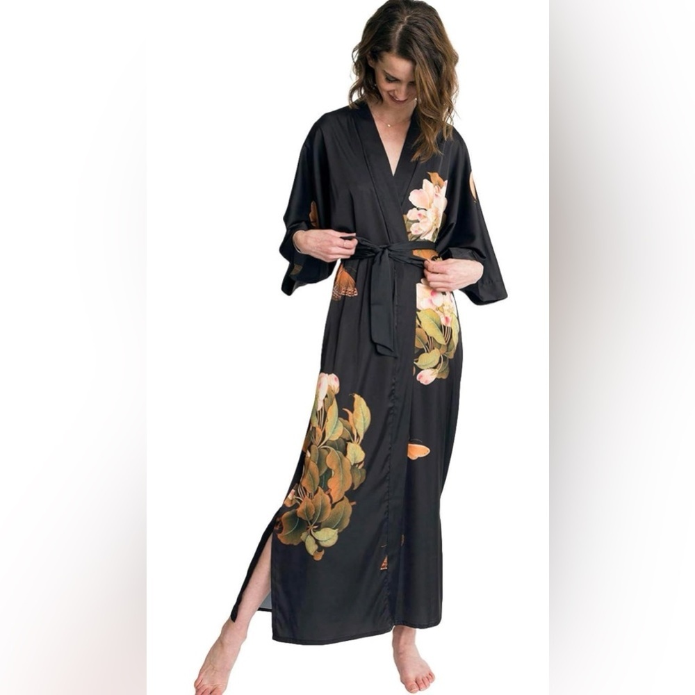 KIM+ONO Women's Charmeuse Kimono Robe Long - Watercolor Floral